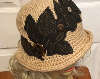 Tan Cloche with Appliqué and Vintage Buttons
