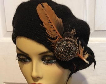 Felted Black Crocheted Beret with A Vintage Button and a Feather