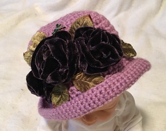 Purple Velvet Rose Hat for a Young girl ...Pretty Dragonfly Button