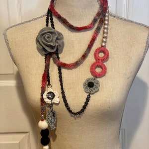 Whimsical Fiber and Bead Necklace.....Grey and Rosy Tones with a Cashmere Rose Pin or Clip
