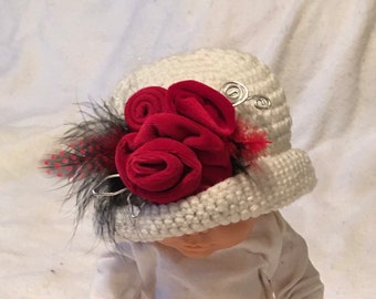 Red Velvet Rose Hat for a Little Girl... Pretty Feather and Trim