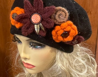 Black Wool Beret with Felted Earth Tone Crocheted Flowers