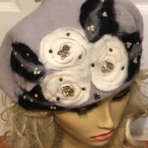 Grey Beret with White Needle Felted Flowers Black Leaves and Beads image 6