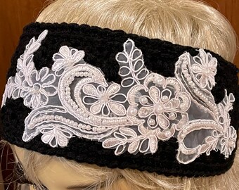 Black Crocheted Headband or Ear Warmer with A White Appliqué and Pearls.