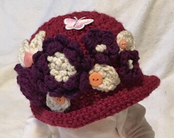 Little Sister Hat...Purple Flowers and A Butterfly