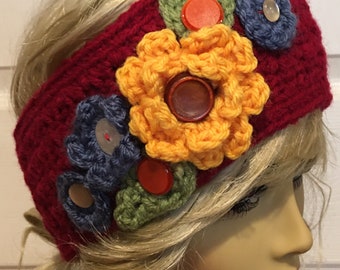 Red Crocheted Headband with My Crocheted Flowers Accenting It Beautifully.