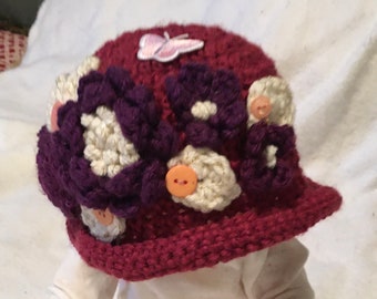 Big Sister Hat...Purple Flowers and A Butterfly