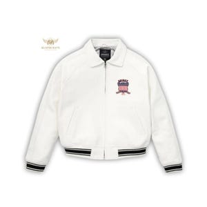 May include: White bomber jacket with a collar and a zipper closure. The jacket features black and white striped cuffs and hem. An embroidered emblem with the word "AVIREX" and a patriotic design is on the chest.