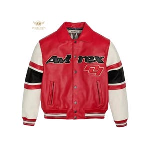 May include: Red leather jacket with white sleeves and black and white striped cuffs. The jacket features the text "Avirex" in black and a number "4" in white. The jacket has a button-up front and two front pockets.