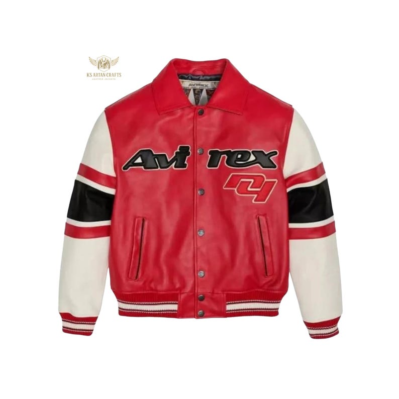May include: Red leather jacket with white sleeves and black and white striped cuffs. The jacket features the text "Avirex" in black and a number "4" in white. The jacket has a button-up front and two front pockets.