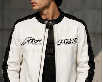 Avirex inspirierte weiße und schwarze Rennlederjacke | Klassischer Biker-Stil | Handgefertigte Lederjacke