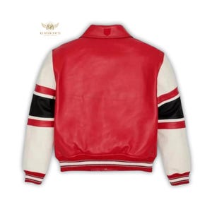 May include: A red leather jacket with white sleeves and black stripes. The jacket has a ribbed collar and cuffs with red and white stripes. The back of the jacket is plain red. The logo "KS ARTAN CRAFTS" is visible.