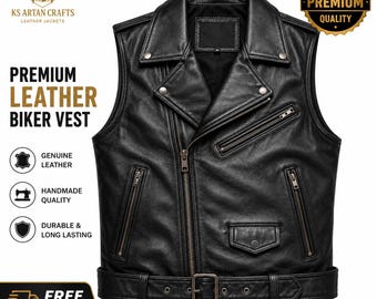 Men's Black Leather Biker Vest | Motorcycle Riding Waistcoat | Handmade Genuine Leather Motorcycle Vest | Classic Rider Leather Vest