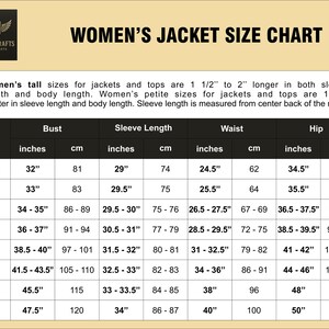 May include: A size chart for women's jackets, featuring bust, sleeve length, waist, and hip measurements in inches and centimeters. Sizes range from 2XS to 3XL. The chart includes text about tall and petite sizes.