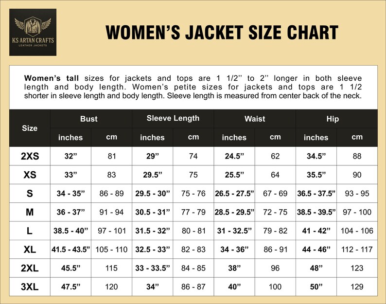 May include: A size chart for women's jackets, featuring bust, sleeve length, waist, and hip measurements in inches and centimeters. Sizes range from 2XS to 3XL. The chart includes text about tall and petite sizes.