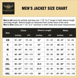 May include: A size chart for men's jackets, with measurements in inches and centimeters. The chart includes chest, sleeve length, and waist sizes for XS to 4XL. The text also mentions tall and slim sizes.