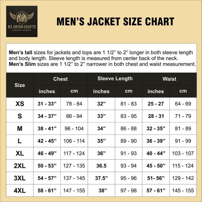 May include: A size chart for men's jackets, with measurements in inches and centimeters. The chart includes chest, sleeve length, and waist sizes for XS to 4XL. The text also mentions tall and slim sizes.