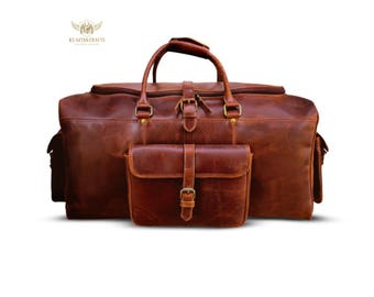 Borsa da viaggio in pelle pieno fiore realizzata a mano, borsa da weekend incisa al laser, bagaglio a mano, borsa da viaggio retrò per uomo, personalizzabile / regalo