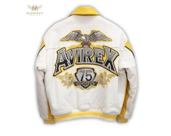 Chaqueta de cuero Avirex Aviator’s King 75th Anniversary / Abrigo bomber amarillo y blanco / Ropa de abrigo vintage para hombre / Regalo para él