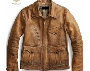 Brown Bomber Leather Jacket | Classic Vintage Men’s Aviator Jacket | Genuine Cowhide Outerwear | Vintage Brown Distressed Leather Jacket
