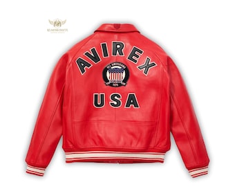 Chaqueta universitaria de cuero rojo Avirex USA: Bomber retro de Nueva York de 1975