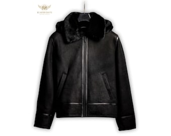 Black Shearling Sheepskin Jacket | Men’s Winter Aviator Coat |  Faux Fur Lined Jacket
