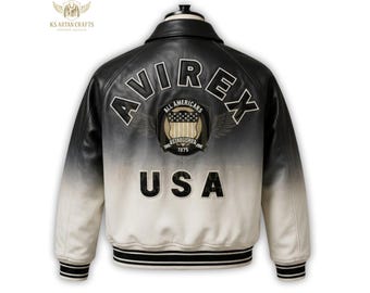 Men Black & White AVIREX USA Leather Bomber Jacket | American Plot Jacket | Handmade Leather jacket