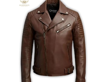 Men’s Brown Lambskin Leather Biker Jacket – Handmade Vintage Moto Cafe Racer – Genuine Leather Motorcycle Coat
