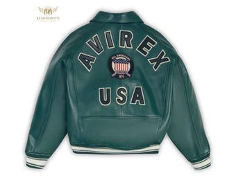 Blouson motard en cuir vert homme : Manteau moto en cuir de vache fait main Avirex