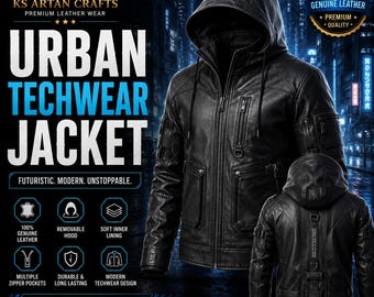Urban Techwear läderjacka med huva för män | Futuristisk streetwear-läderkappa | Handgjord taktisk jacka | Moderna svarta ytterkläder