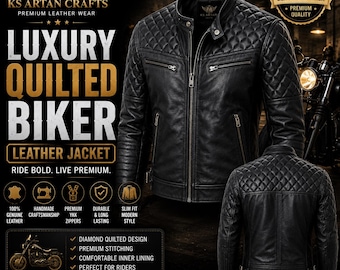 Chaqueta de cuero acolchada estilo motero con diseño de rombos para hombre / Chaqueta de moto negra hecha a mano / Abrigo de cuero de lujo estilo café racer / Ropa de motero de corte ajustado
