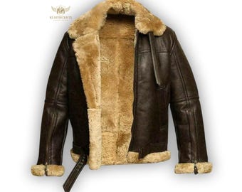 Men's Brown Sheepskin Leather Bomber Jacket: Fox Fur Collar
