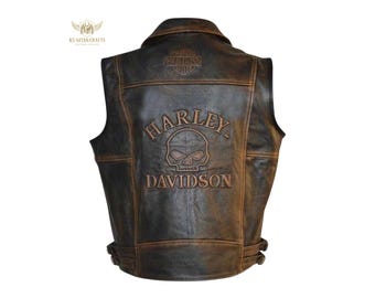 Gilet da uomo in pelle marrone anticata, fatto a mano in Italia, stile Harley-Davidson / Gilet da motociclista Harley-Davidson / Gilet in pelle / Gilet da moto / Regalo per lui