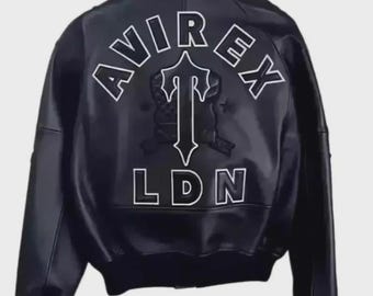 Blouson en cuir noir Avirex LDN | Blouson aviateur pour hommes | Manteau style universitaire streetwear | Vêtements d'extérieur en cuir véritable faits main haut de gamme USA Retro Aviator