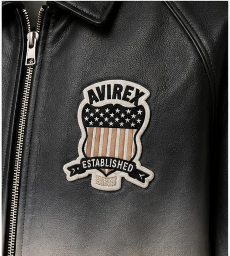 K&ouml;nnte beinhalten: Nahaufnahme einer schwarzen Lederjacke mit silbernem Rei&szlig;verschluss und einem Aufn&auml;her. Der Aufn&auml;her zeigt das Wort "AVIREX" &uuml;ber einem Schilddesign mit Sternen und Streifen und das Wort "ESTABLISHED" auf einem Banner.