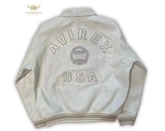 Avirex USA White Varsity Jacket | Special Equipment Bomber | Retro Streetwear Mens Leather Jacket | Vintage Hip Hop Outerwear | Gift for him