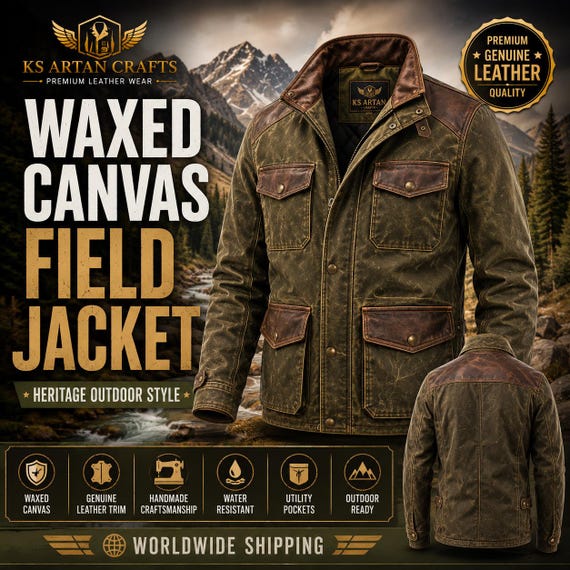 Waxed Canvas & Leather Field Jacket for Men | Handmade Outdoor Utility Jacket | Vintage Workwear Coat | Genuine Leather Trim Heritage Jacket