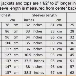 May include: A size chart for men's tall jackets and tops, with measurements in inches and centimeters. The chart includes body chest, sleeve length, and body waist measurements for sizes XS to 5XL. Sleeve length is measured from the center back of the neck.