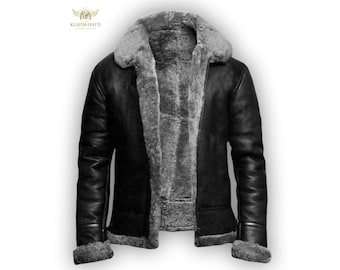 Men's Black Sheepskin Leather Bomber Jacket: Fox Fur Collar