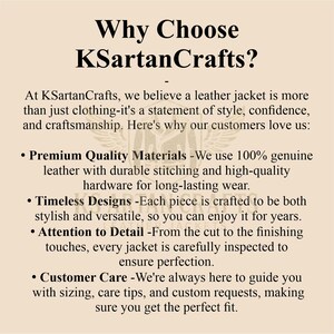 May include: Text on a cream-colored background reads "Why Choose KSartanCrafts?" followed by a list of reasons: Premium Quality Materials, Timeless Designs, Attention to Detail, and Customer Care. The text is in black.