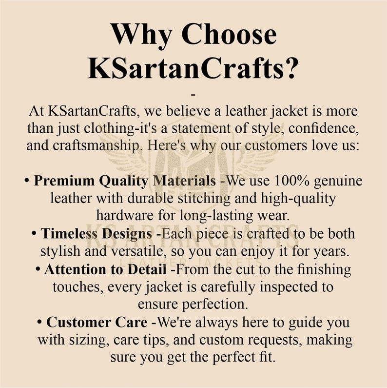 May include: Text on a cream-colored background reads "Why Choose KSartanCrafts?" followed by a list of reasons: Premium Quality Materials, Timeless Designs, Attention to Detail, and Customer Care. The text is in black.