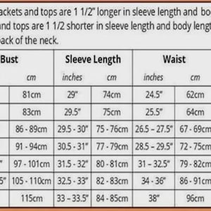 May include: A size chart for women's jackets and tops, detailing bust, sleeve length, waist, and hip measurements in inches and centimeters. Sizes range from 0 (2XS) to 20 (2XL). Includes information on tall and petite sizing.