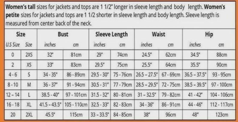 May include: A size chart for women's jackets and tops, detailing bust, sleeve length, waist, and hip measurements in inches and centimeters. Sizes range from 0 (2XS) to 20 (2XL). Includes information on tall and petite sizing.