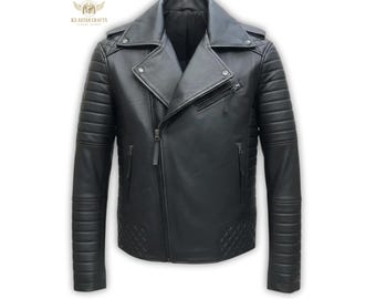 Men's Black Quilted Sheepskin Leather Biker Jacket | Slim Fit Moto Cafe Racer