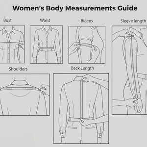 May include: A body measurements guide with illustrations showing how to measure bust, waist, biceps, sleeve length, shoulders, and back length. The text "Women's Body Measurements Guide" is at the top.