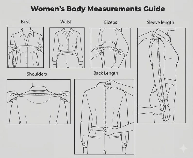 May include: A body measurements guide with illustrations showing how to measure bust, waist, biceps, sleeve length, shoulders, and back length. The text "Women's Body Measurements Guide" is at the top.