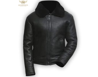 Men's Black Sheepskin Leather Bomber Jacket: Fox Fur Collar