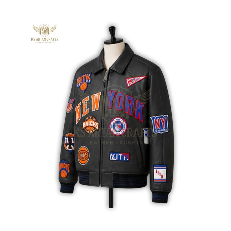 Avirex x Kith New York läderbomberjacka | Streetwear Varsity-stil | Handgjord läderjacka bild 3