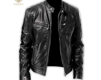 German Black Cafe Racer Leather Jacket | Genuine Sheepskin Biker Motorcycle Jacket | Handmade Soft Leather Men's Outerwear | Gift for him