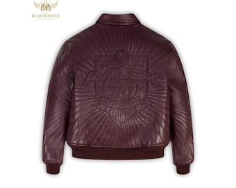 Men’s Burgundy AVIREX Leather Jacket | Special Edition Streetwear Varsity Style | Handmade | Gifts for Him